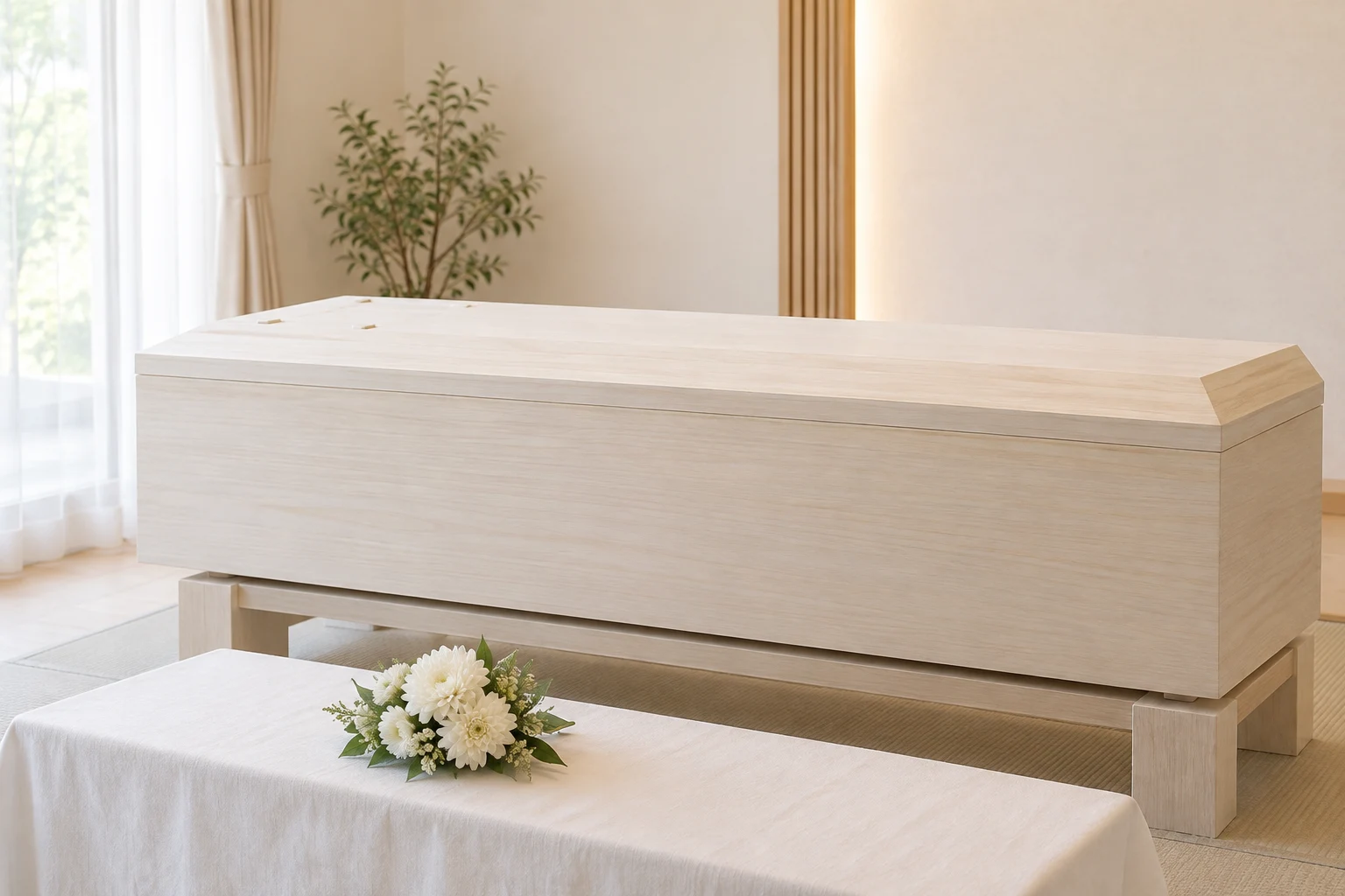 明るいお部屋に用意した白木の棺と小さな花束のイメージ